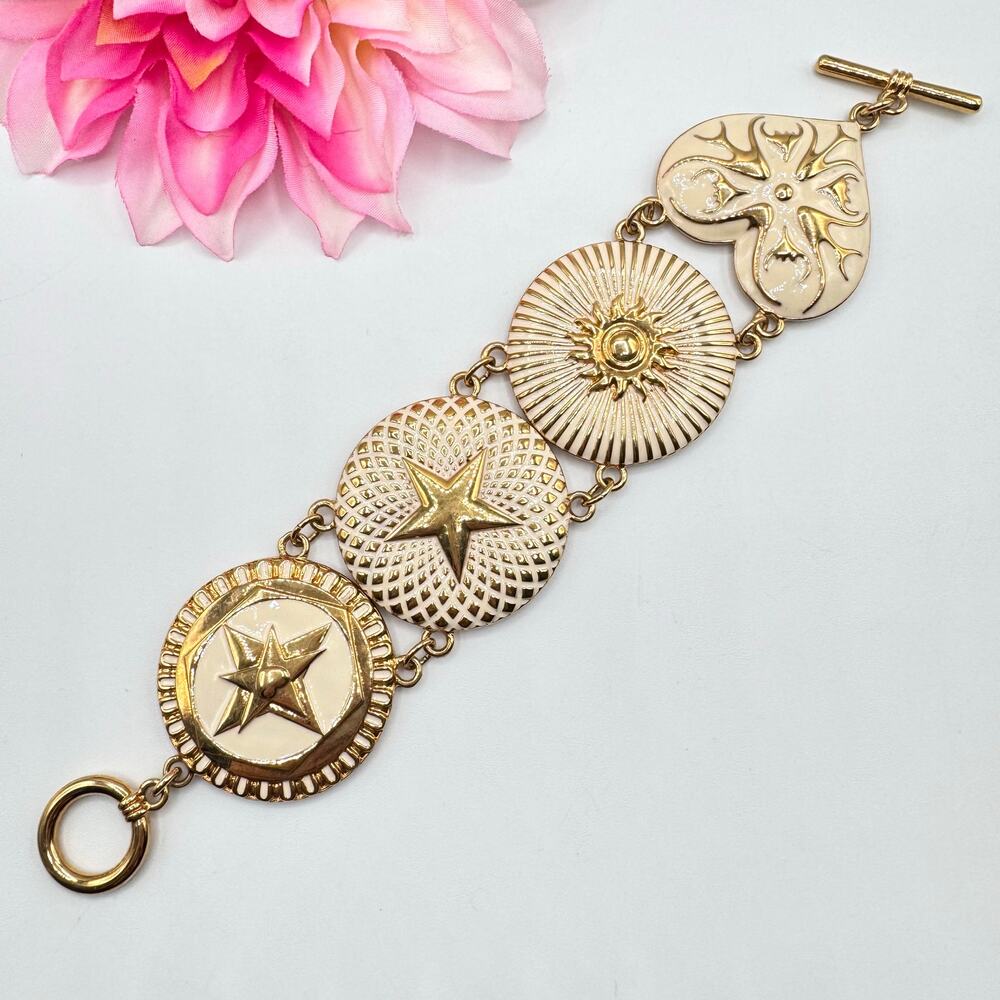 Vintage Paula Abdul Medallion Toggle Clasp Bracelet Celestial Heart Compass Sun